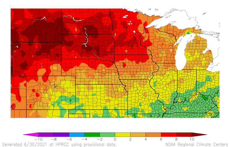 Average maximum temperature departure from normal for the central U.S. over May 31-June 29. Much of the region, especially the Northern Plains, experienced temperatures well above normal.