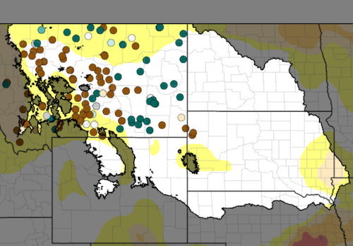 Example map of the Upper Missouri River Basin with topsoil moisture 1-week change values.