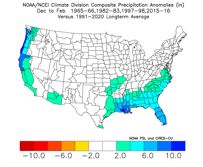   There is a strong tilt for winter precipitation to be 4+ inches above normal across southern parts of Mississippi, Alabama, and Georgia, as well as all of Florida.