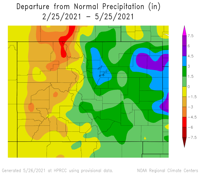 Colorado 3-month precipitation anomalies from February 25 to May 15, 2021. Precipitation has been 1.5 to 6 inches above average for eastern Colorado and 1.5 to 6 inches below average for western Colorado.