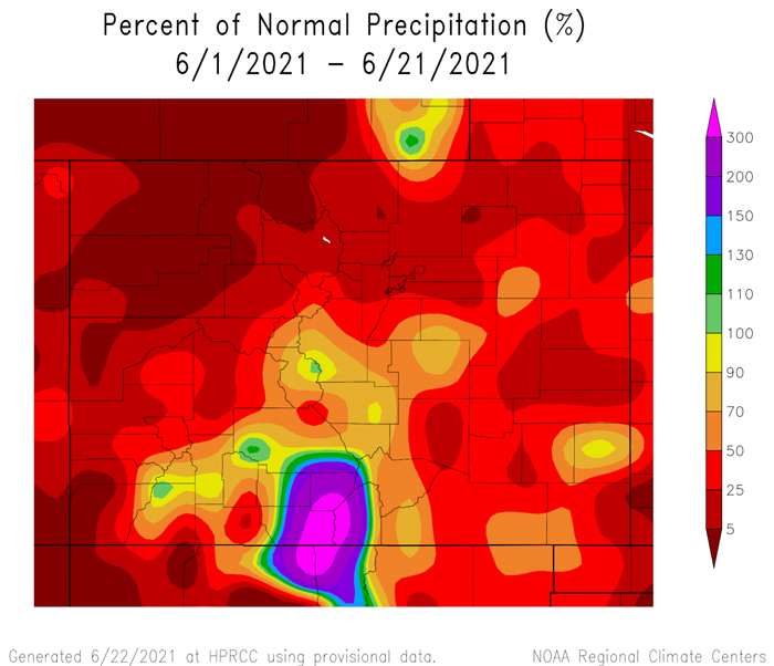 June-to-date percent of normal precipitation for Colorado, through June 21, 2021.