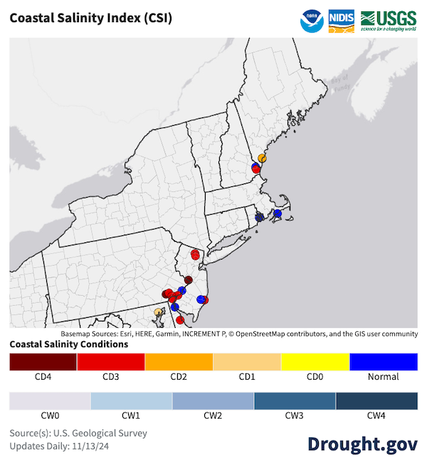  Yellow, orange, and red dots representing above-normal salinity are located in southeast Maine, eastern New Hampshire and at other sites along the Mid-Atlantic coastline.