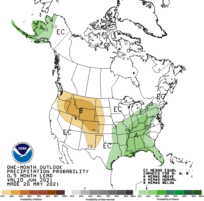 Climate Prediction Center 1-month precipitation outlook, showing the probability of below-, above-, or near-normal precipitation conditions for June 2021. Odds favor below normal precipitation for the northern half of the western U.S. and for Texas.