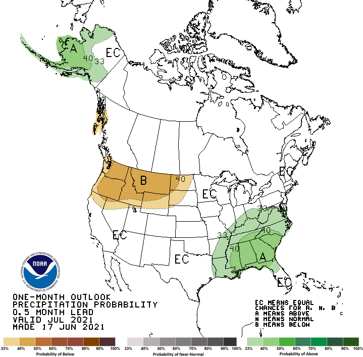 Climate Prediction Center 1-month precipitation outlook, showing the probability of below-, above-, or near-normal precipitation conditions for July 2021. Odds favor below normal precipitation for the northern half of the western US and above normal precipitation for the Southeast US.