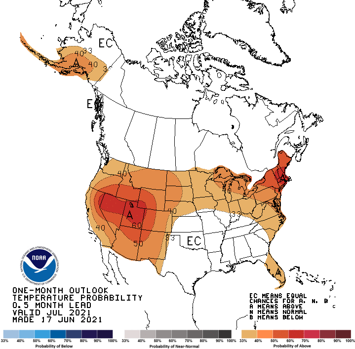 Climate Prediction Center 1-month temperature outlook, showing the probability of below-, above-, or near-normal temperature conditions for July 2021. Odds favor above normal temperatures for most of the western U.S. with the highest odds over Utah and Nevada. 