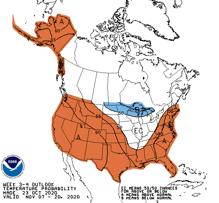 A 3-4-week temperature outlook for the U.S. from NOAA's Climate Prediction Center