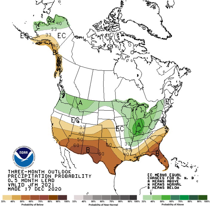 NOAA Climate Prediction Center three-month precipitation outlook for the U.S., Below-normal precipitation is predicted across the Southeast.