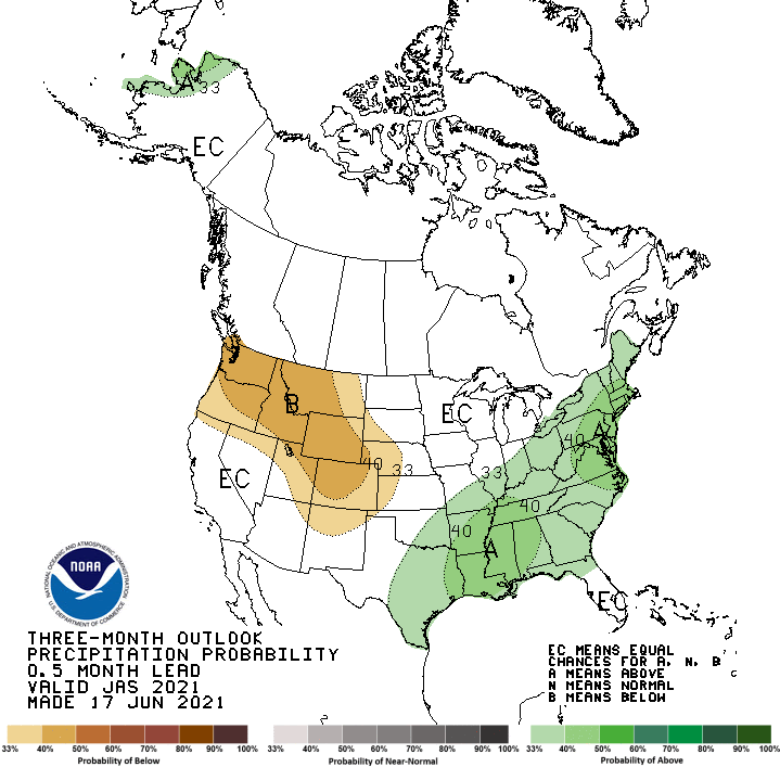 Climate Prediction Center 3-month precipitation outlook, valid for July to September 2021.  Odds favor below normal precipitation for the northern half of the western US and northern New Mexico, above normal temperatures for the southeast US. 