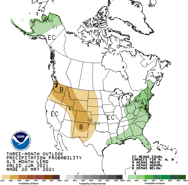 Climate Prediction Center 3-month precipitation outlook, showing the percent chance of above-, below-, or near-normal conditions for June to August 2021.  Odds favor below normal precipitation for the northern half of the western U.S. and New Mexico.
