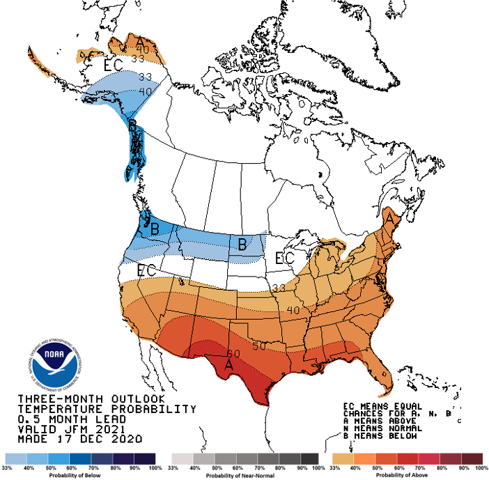 NOAA Climate Prediction Center three-month temperature outlook for the U.S., Above-normal temperatures are predicted across the Southeast.