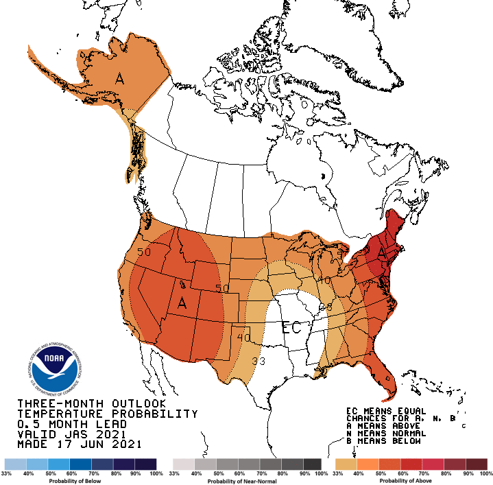 Climate Prediction Center 3-month temperature outlook, valid for July to September 2021. Odds favor above normal temperatures for all of the Intermountain West Region. 