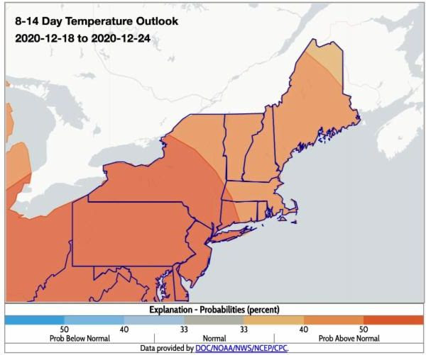 NOAA Climate Prediction Center 8-14 day temperature outlook for the Northeast U.S.