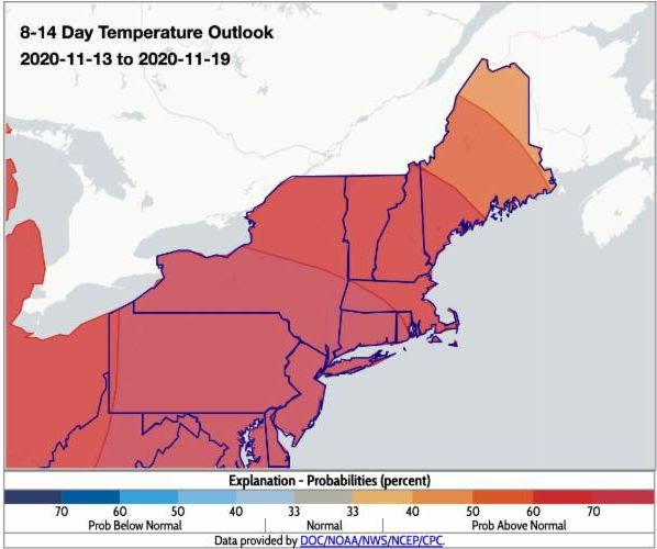 NOAA Climate Prediction Center 8-14 day temperature outlook for the Northeast U.S.