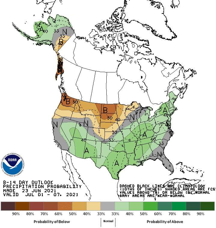 Climate Prediction Center 8-14 day precipitation outlook, showing the probability of exceeding the median precipitation for the July 1-7, 2021. Odds favor below normal precipitation for the western US above normal precipitation for the eastern US and midwest.