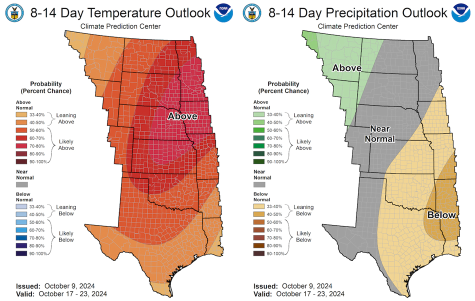 Odds favor above-normal temperatures (70% to 80% probabilities) across most of the western and central U.S. with the highest odds over the eastern Dakotas, Minnesota, Nebraska, Iowa, and Kansas. Odds strongly favor below-normal precipitation (40% to 50% probabilities) across the central U.S. including eastern  Texas & Oklahoma,  Arkansas, and the northern part of Louisiana.