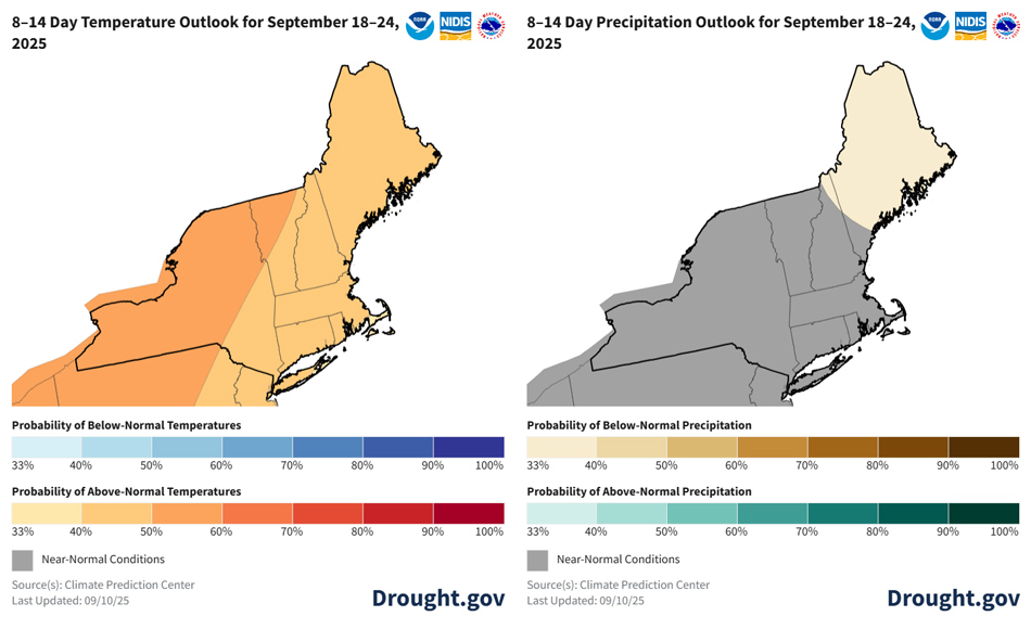 There is a 40%-60% chance of above-normal temperatures for the Northeast. There is a 33%-40% chance of below-normal precipitation for most of Maine and northeastern New Hampshire. Elsewhere, near-normal precipitation is favored.