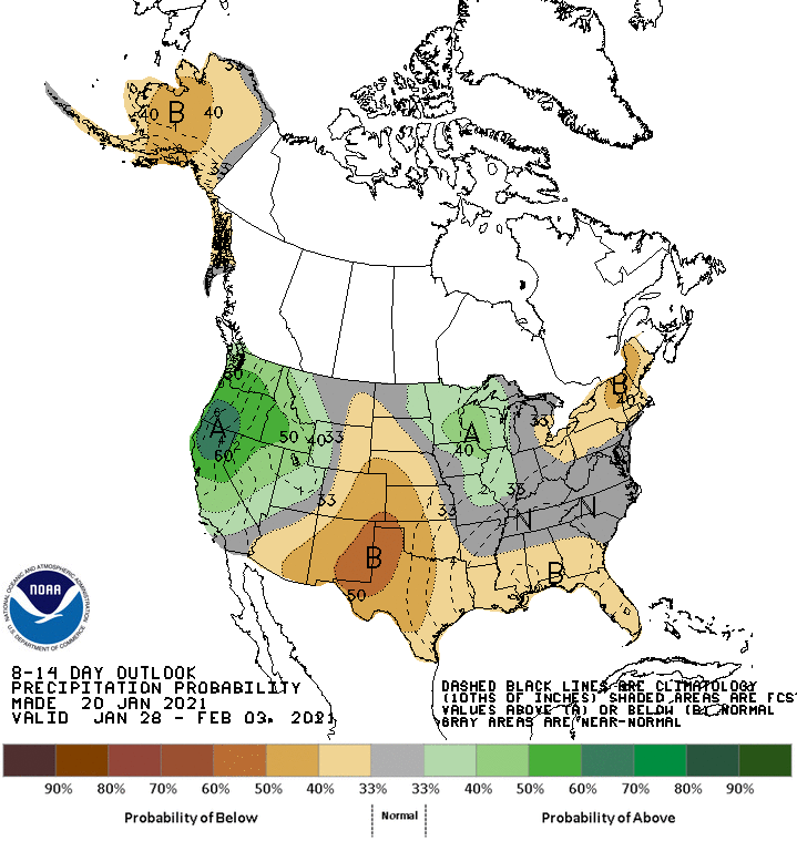 Climate Prediction Center 8-14 day precipitation outlook, valid for January 28 to February 3, 2021. Shows probability of above-normal precipitation across most of California and Nevada, with equal chances of above- and below-normal precipitation in the southernmost part of California.