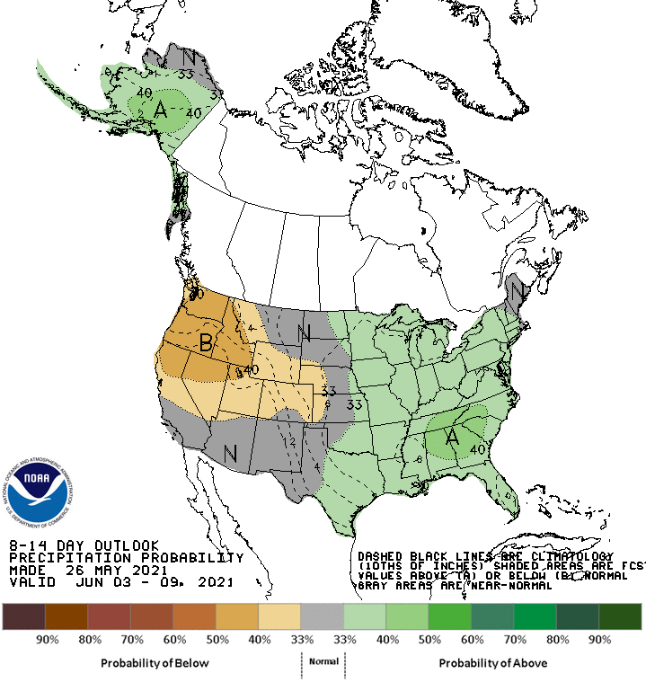 Climate Prediction Center 8-14 day precipitation outlook, showing the probability of exceeding the median precipitation for June 3-9, 2021. Odds favor below normal precipitation for much of the western U.S. above normal precipitation for the eastern U.S. and parts of the Midwest.  
