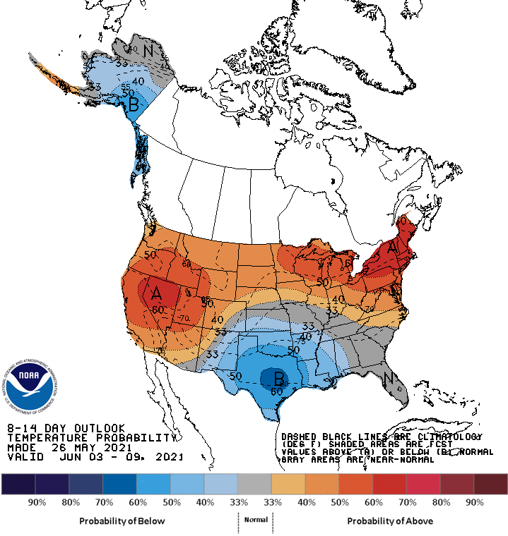 Climate Prediction Center 8-14 day temperature outlook, showing the probability of exceeding the median temperature for June 3 - 9, 2021. Odds favor above normal temperatures for the western U.S. while odds favor below-normal temperatures for Texas.