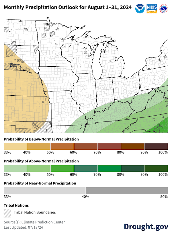 For August, there are equal chances for above-, below-, or near-normal precipitation across much of the Midwest. Odds favor above-normal precipitation (33% to 40% probabilities) across Kentucky.
