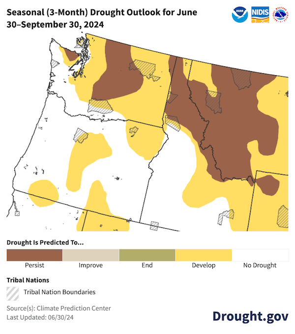 NOAA’s Climate Prediction Center predicts that drought will persist or develop across much of Washington, central and eastern Oregon, northern and eastern Idaho, and western Montana from June 30–September 30, 2024.