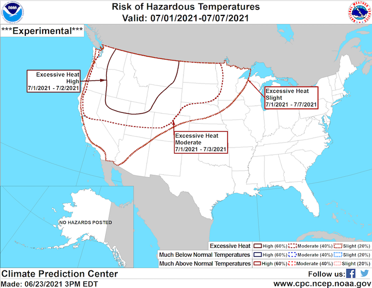 Map of the US showing increased risk of excessive heat over the western and northwestern U.S. for the first week of July 2021.