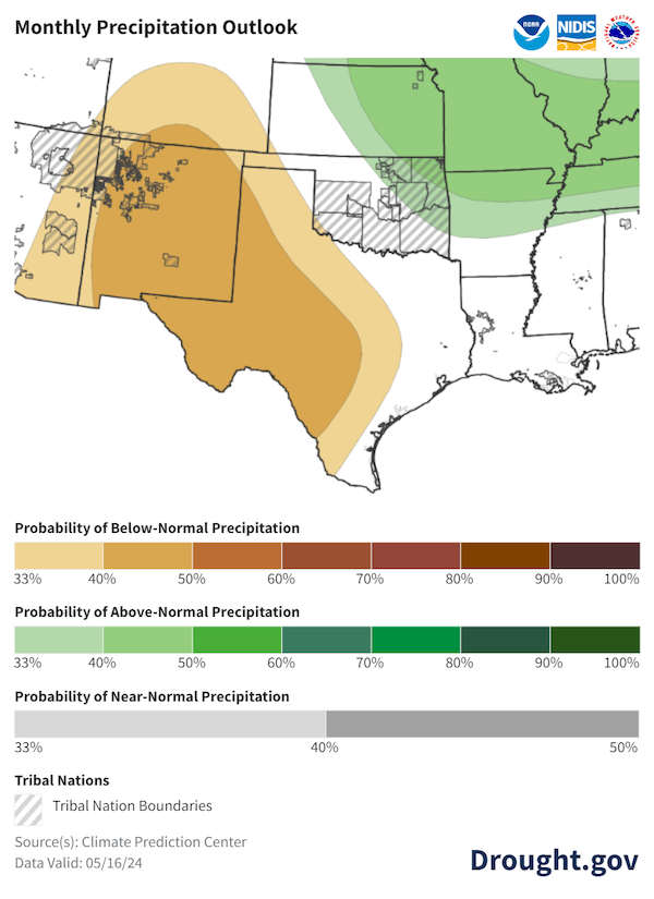 For June, odds slightly favor above-normal precipitation (33%-40% probabilities) across eastern Kansas and Oklahoma and slightly favor below normal precipitation for western Texas. 