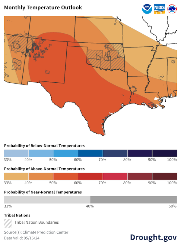 or June, odds favor above-normal temperatures (33%-60% probabilities) across the Southern Plains, with the highest probabilities along the Southern Border.