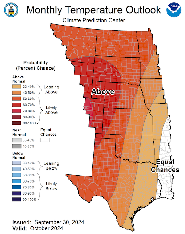 Map showing temperature probabilities for October. Odds favor above-normal temperatures (33%-60% probabilities) across most of the central U.S. with the highest odds over the Four Corners states. Odds gradually drop to the east such that there are equal chances of above or below normal precipitation along the Mississippi River and eastward.