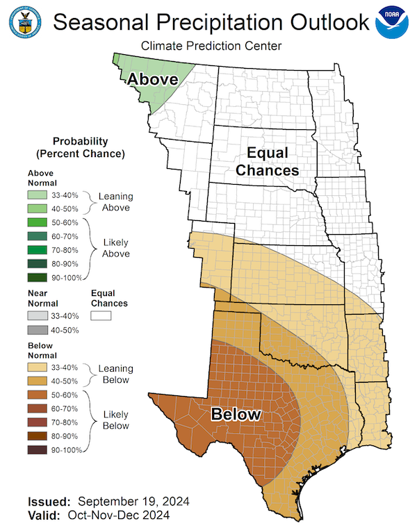 Map showing precipitation probabilities for October through December 2024. Odds favor below-normal precipitation for Kansas and northeast Oklahoma with odds increasing to 40%-50% for the panhandle regions, southwest Oklahoma and eastern Texas. Odds for a dry end to the year increase to 50%-60% for western Texas. 