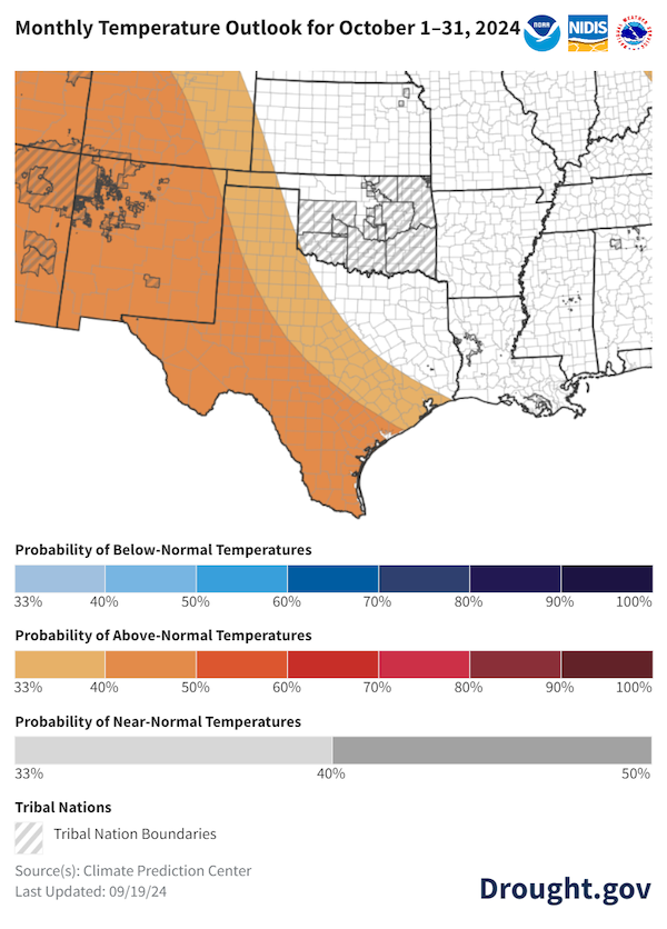 Map of the Southern Plains showing temperature probabilities for October. Odds favor above-normal temperatures (33%-50% probabilities) across southern and western Texas with near equal odds elsewhere..