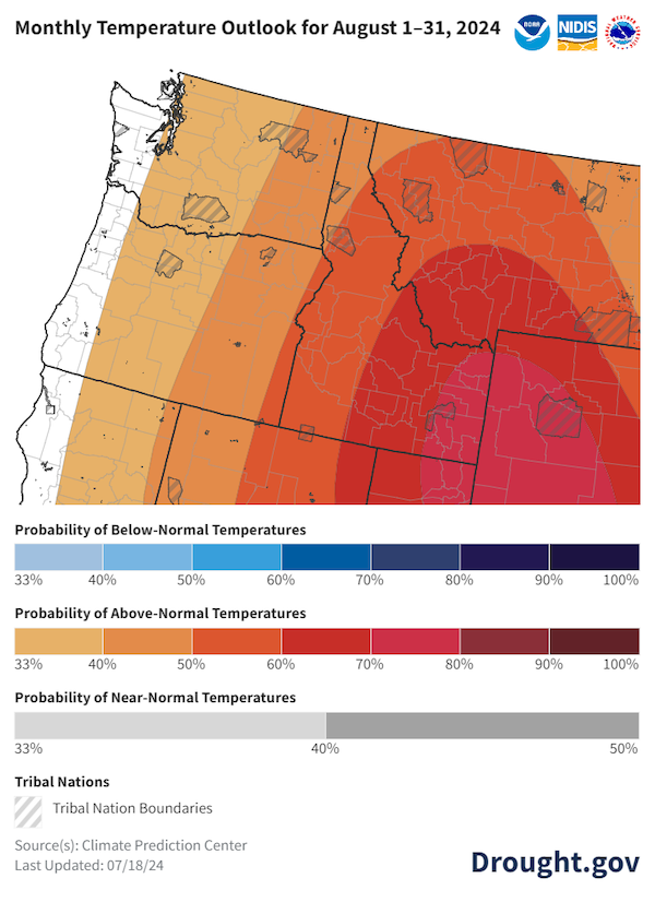 There is a 33-50% chance of above-normal temperatures over Oregon and Washington, a 50-60% chance of above-normal temperatures across central Idaho and northern Montana, and a 60-80% chance of above-normal temperatures in eastern Idaho and southwestern Idaho. 