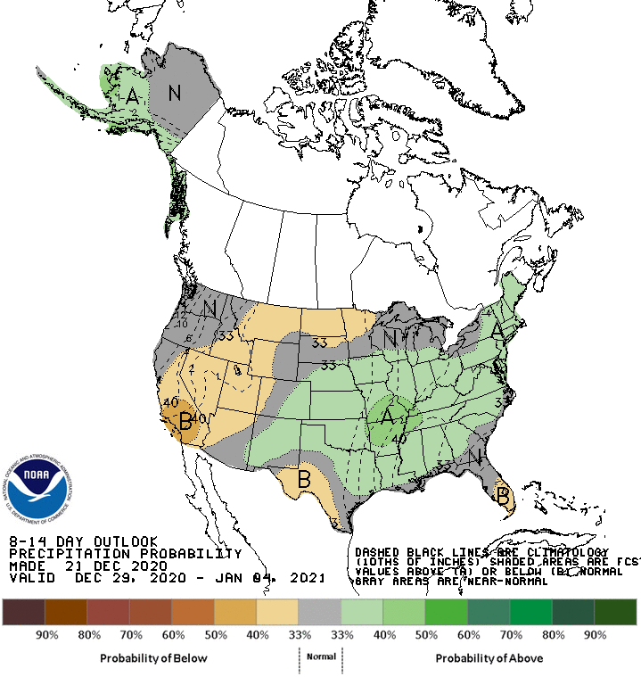 December 29 - January 4 precipitation outlook for the United States, showing probability of below-normal precipitation across Nevada and southern California.