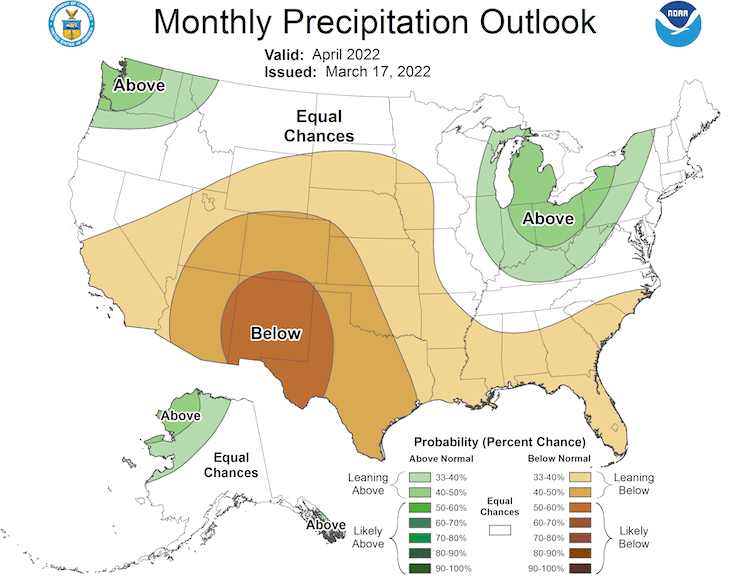 Climate Predication Center 1-month precipitation outlook for April 2022. Odds favor below normal precipitation for the Intermountain West States.