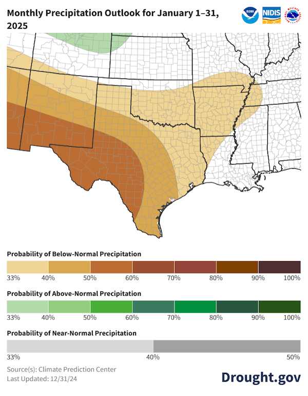 For January, odds favor below-normal precipitation (33% to 60% probabilities) across western Texas and Oklahoma. The highest odds of below normal precipitation are in far western Texas. 