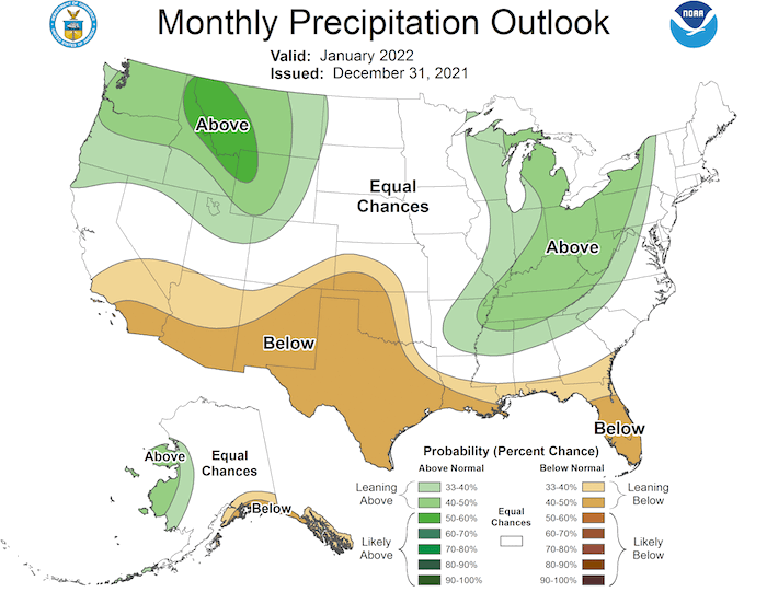 Climate Prediction Center 1-month precipitation outlook for the U.S., valid for January 2022. Odds favor below-normal precipitation in southern California and southern Nevada, with slight chances of above-normal precipitation near the northern borders of both states.