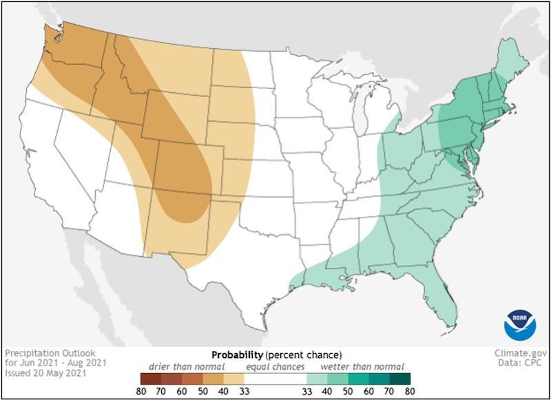 Climate Prediction Center 3-month precipitation outlook for June to August 2021, showing the probability that conditions will be above, below, or near normal.  Odds slightly favor above-normal precipitation across the Southeast.