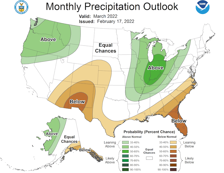 Climate Predication Center 1-month precipitation outlook for March 2022. Odds favor above-normal precipitation in much of the Great Lakes/Ohio River Valley; below-normal in Colorado, western Kansas and Nebraska.