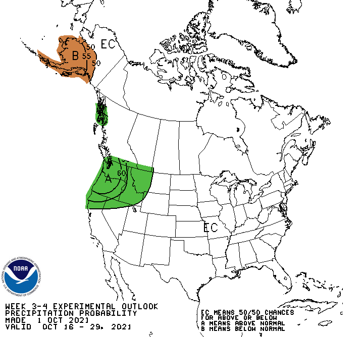 Climate Prediction Center week 3-4 precipitation outlook for the U.S., from October 16-29 2021. 