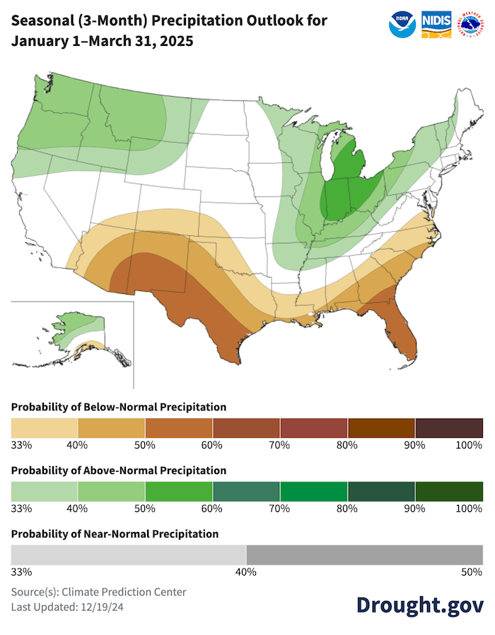 The southern U.S. has a 33-50% chance of being drier than normal, particularly in Florida and along the Rio Grande. The Great Lakes and Pacific Northwest are favored to be wetter than normal, particularly in the Great Lakes region. 