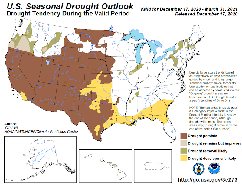 Seasonal drought outlook from NOAA's Climate Prediction Center, showing areas where drought is predicted to worsen, improve, or remain the same over the next 3 months. Valid for December 17, 2020 - March 31, 2021.