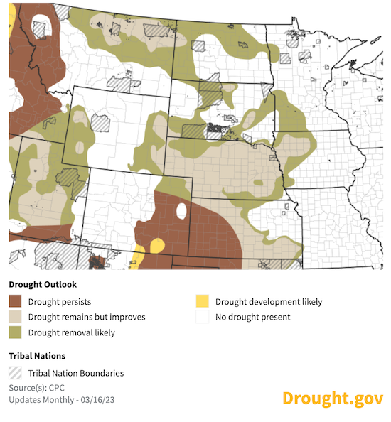 For the period of March 16 to June 30, drought is projected to improve or be removed over much of the Missouri River Basin region. 