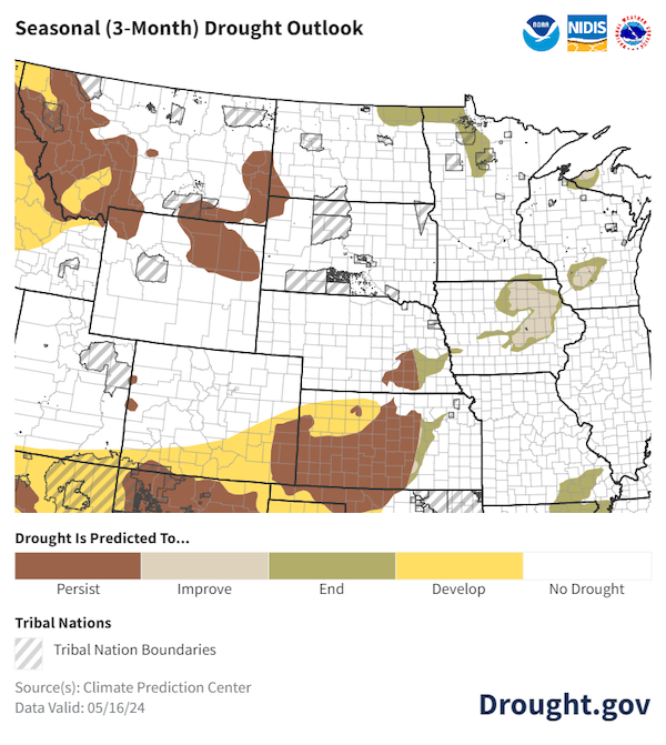 NOAA’s Climate Prediction Center predicts  drought will persist in the Northern Rockies of Montana, eastern Wyoming, and Kansas. Drought improvements or removal are predicted for remaining drought in Minnesota and Iowa, with no drought development predicted in the rest of the basin.