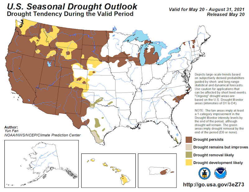 Climate Predication Center Seasonal Drought Outlook for May 20 to August 31, 2021. Current drought conditions over the western U.S. are forecast to persist while drought development is likely for the Pacific Northwest.