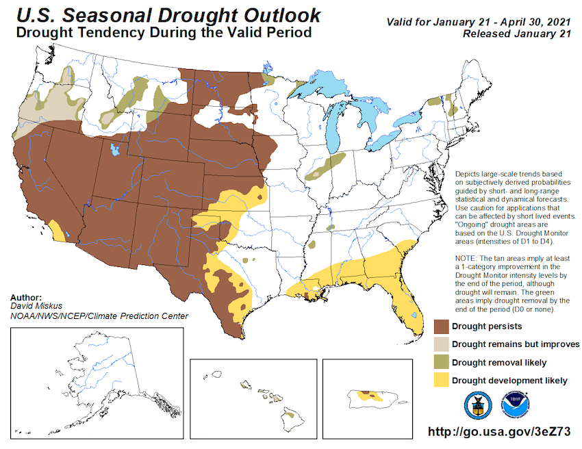Seasonal drought outlook for the U.S. and Puerto Rico, predicting whether drought will improve, worsen, or stay the same between January 21 and April 30, 2021. Predicts that the existing drought conditions in western Texas may spread eastward.