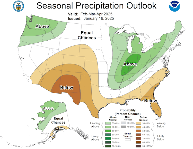 Seasonal forecasts indicate a dipole in above-normal to below-normal precipitation outlook from northern California to southern Nevada. 