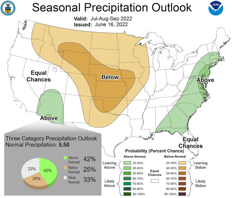 Odds favor above-normal precipitation for most of Arizona during July–September 2022.