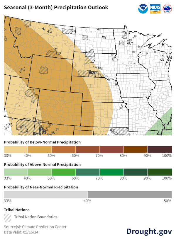 For June–August 2024, odds favor below-normal precipitation (33%-50% probabilities) across western portions of the Missouri River Basin, including Montana, Wyoming, Colorado, and western and central portions of South Dakota, Kansas, and Nebraska. The rest of the basin has equal chances for above-, near-, or below-normal precipitation.