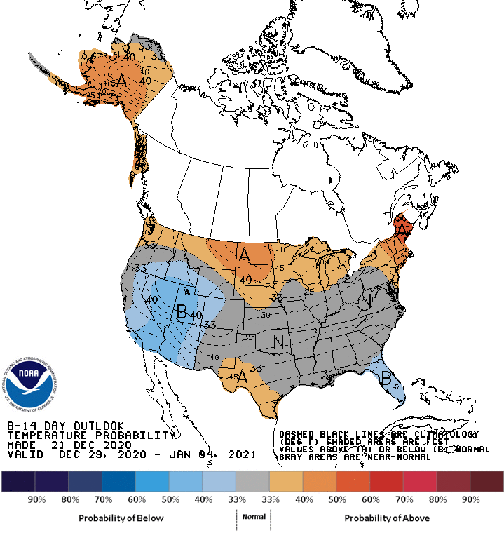 December 29 - January 4 temperature outlook for the United States. Shows probability of below-normal temperatures for Nevada and southern California.