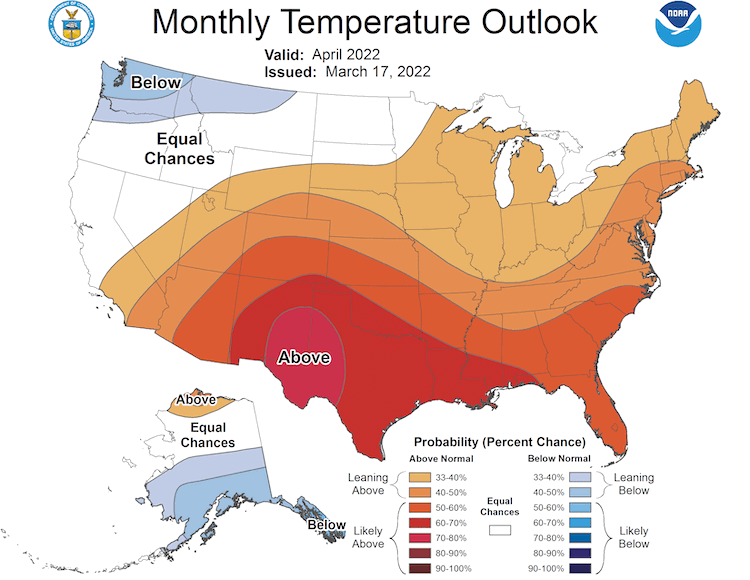 Climate Predication Center 1-month temperature outlook for April 2022. Odds favor above normal temperatures for the Intermountain West States.